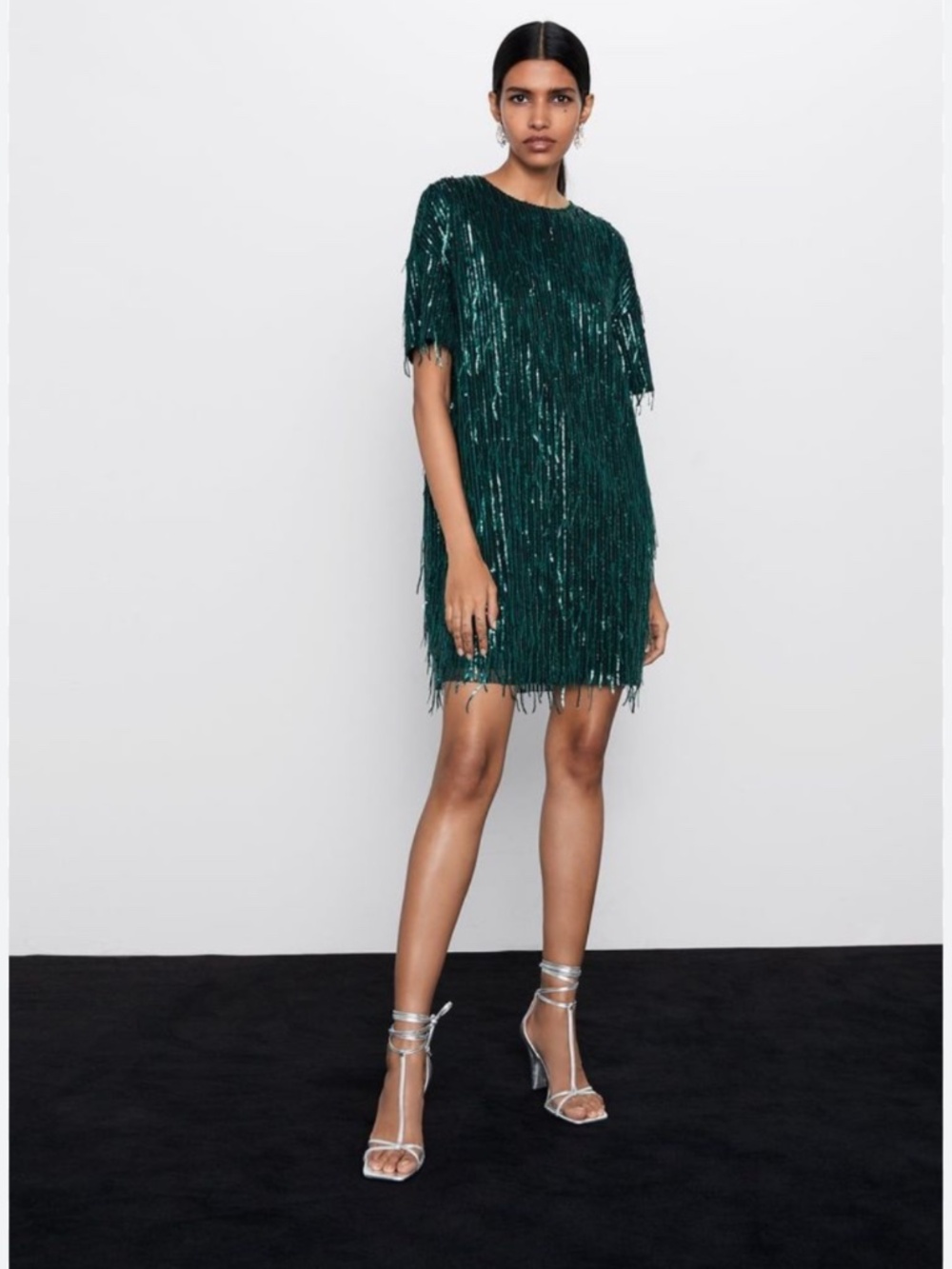 Zara Emerald Green Sequin Fringe Mini Dress - Picture 2 of 12